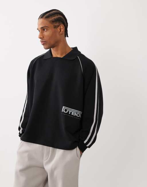 Cotton On - Sudadera negra con mangas raglán y cuello tipo polo de felpa, 1 de 5