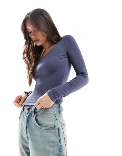 Cotton On sunday scoop neck long sleeve top in collegiate navy - view 1