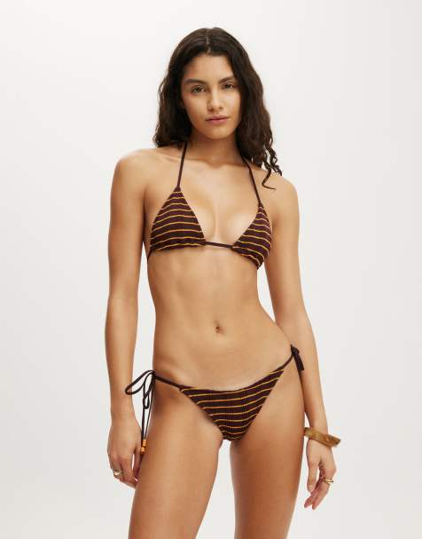 Cotton On Sunspun micro knit tie side thong bikini bottom in brown - view 1
