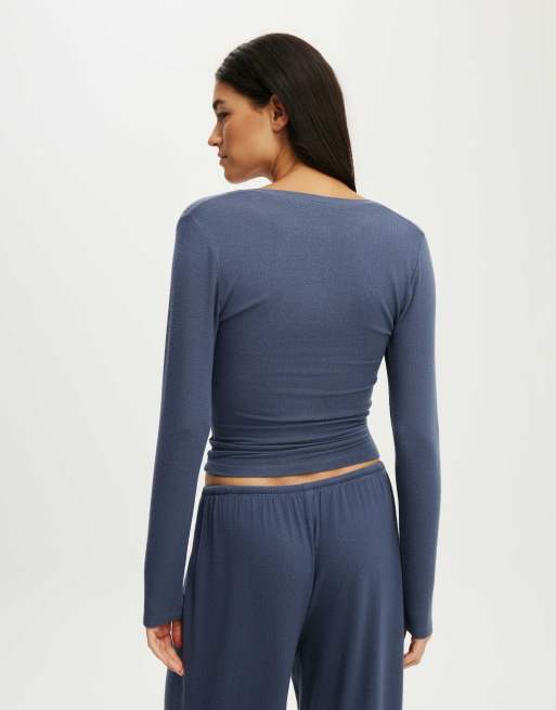 Cotton On Super soft henley long sleeve top in steely blue, 4 of 4