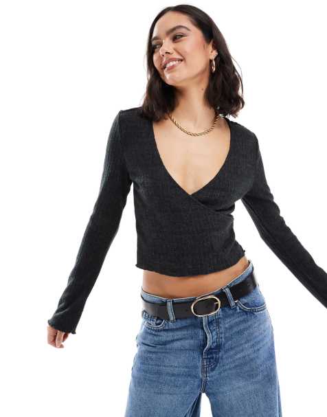 Cotton On - Superzachte geribbelde top met overslag en lange mouwen in gemêleerd grijs - view 1