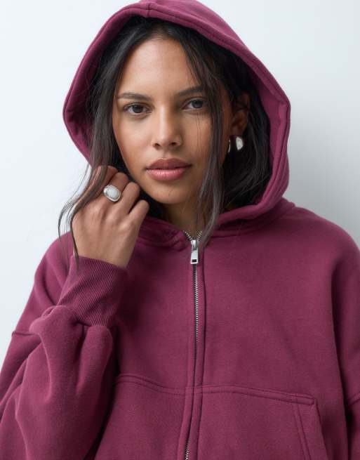 Cotton On sweat à capuche oversize zippé en figue foncée lavée, 2 de 5