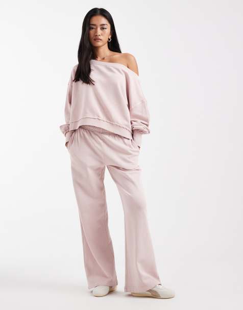 Cotton On - Sweatpant met wijde pijpen in wolkroze met wassing, deel van co-ord set - view 1