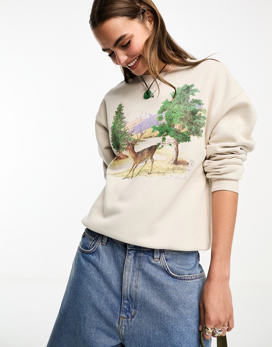 Cotton On sweatshirt in stone with vintage woodland graphic-Neutral