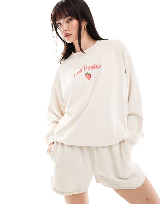 Cotton On - Sweatshirt met 'Fraise'-lintprint in kokosnoot