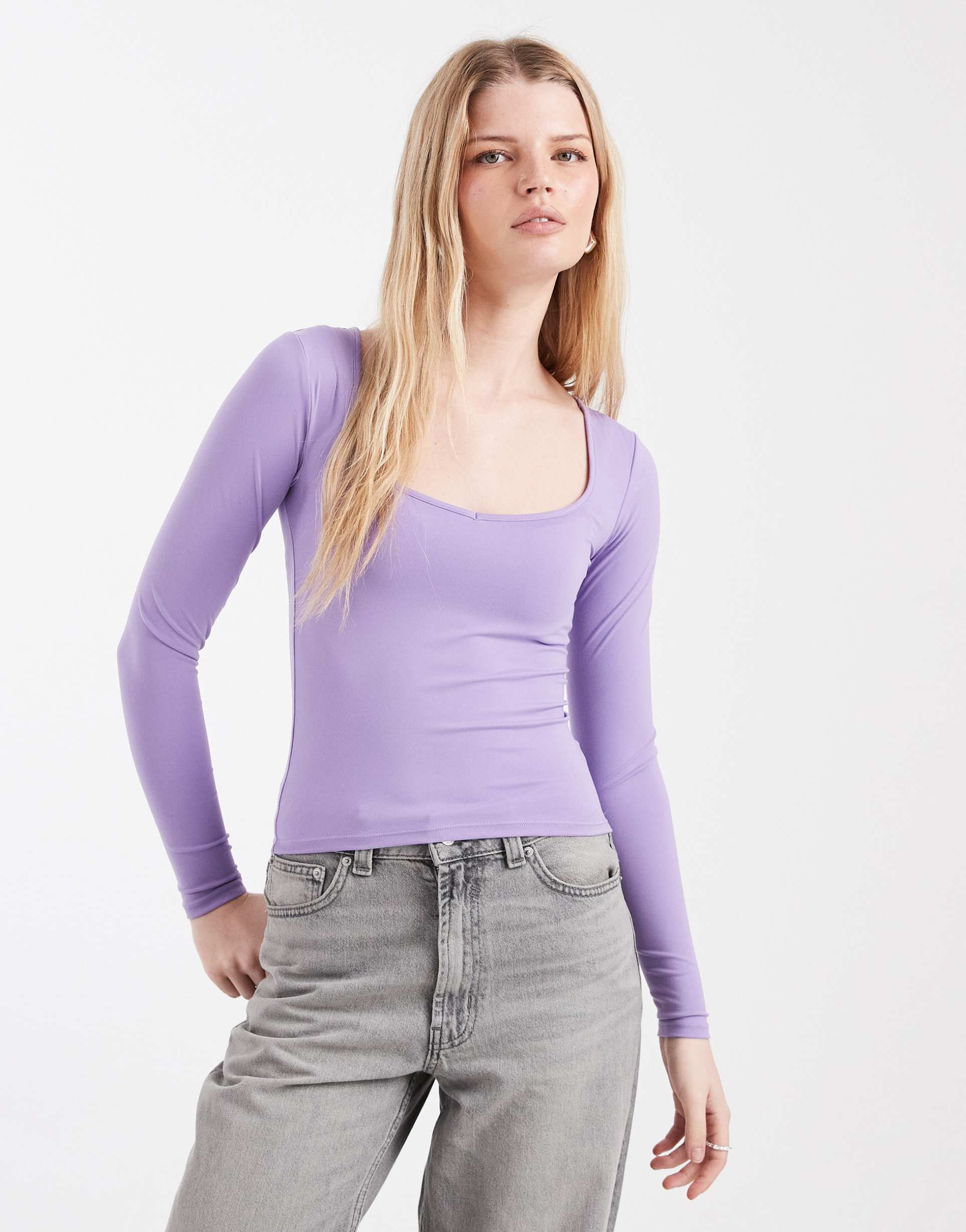 cotton on sweetheart neck long sleeve t-shirt in violet crush