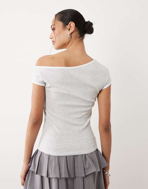 Cotton On - T-shirt à épaules dénudées et imprimé graphique - Gris chiné, 4 de 4