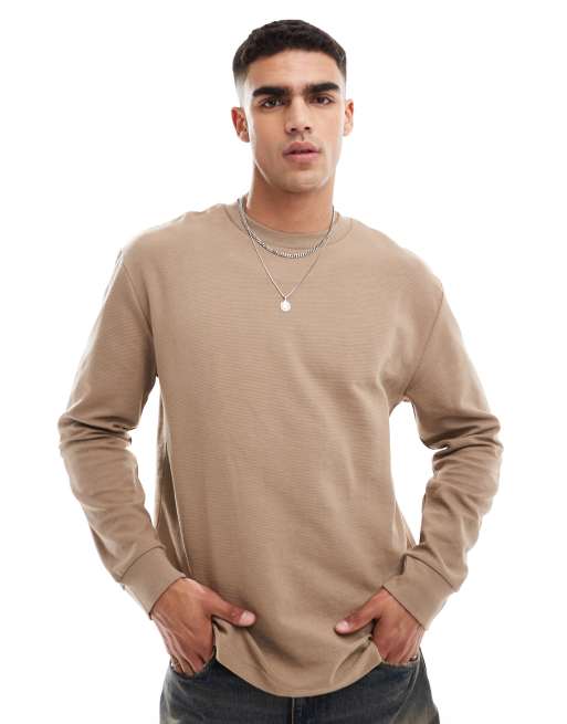 Cotton On - T-shirt a maniche lunghe ampia a coste color talpa