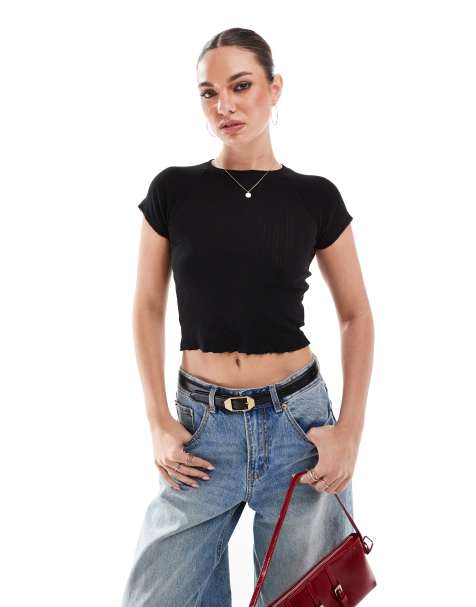 Cotton On - T-shirt ajusté en maille pointelle - Noir - view 1