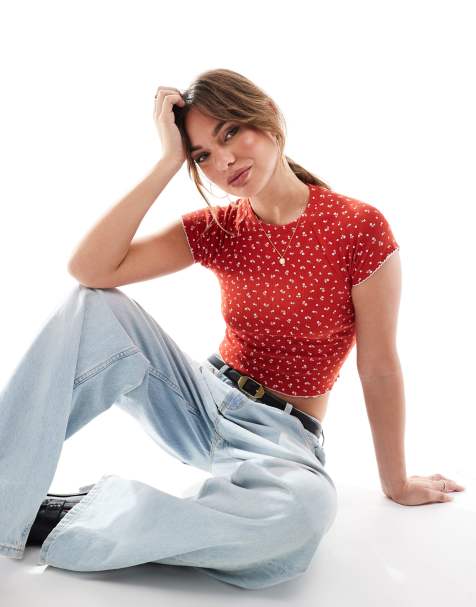 Cotton On - T-shirt ajusté en maille pointelle - Rouge - view 1