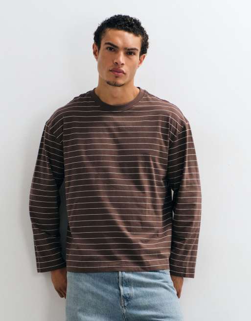 Cotton On T-shirt corta a maniche lunghe a righe color espresso e avena, 1 di 5