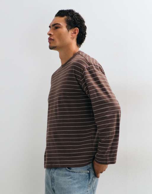 Cotton On T-shirt corta a maniche lunghe a righe color espresso e avena, 4 di 5
