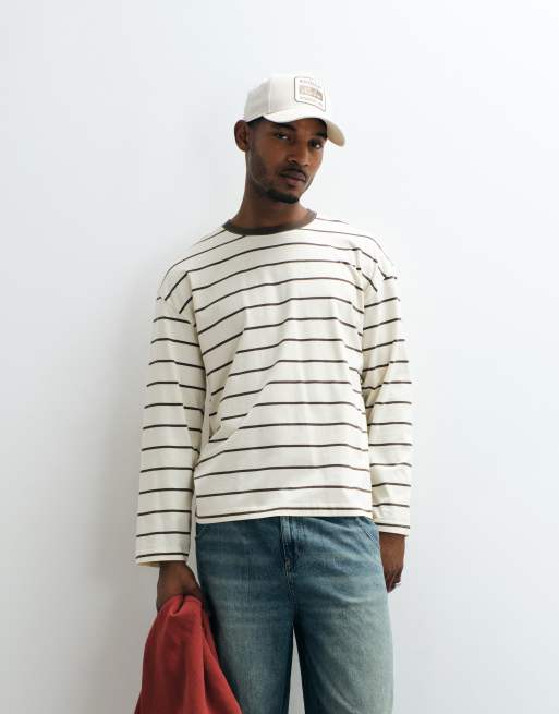 Cotton On - T-shirt corta a maniche lunghe marrone crema a righe, 5 di 5