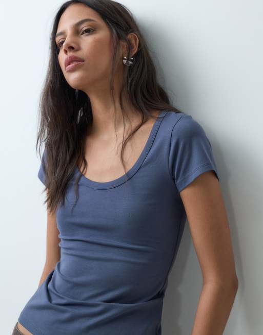Cotton On T-shirt liscia con scollo a barchetta blu navy, 3 di 5