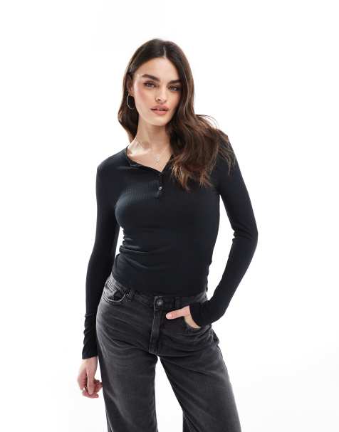 Cotton On - T-shirt met lange mouwen en knopen in zwart - view 1