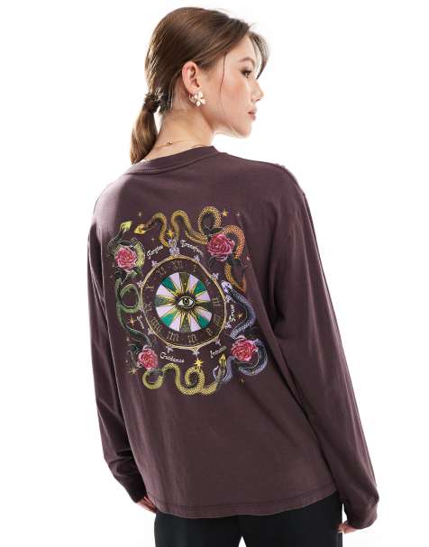 Cotton On - T-shirt met print en lange mouwen in donkerbruin - view 1