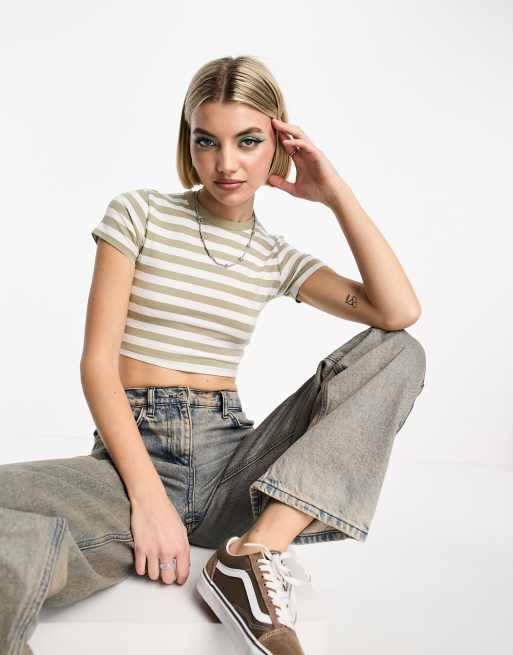 Cotton On - T-shirt micro verde salvia taglio corto 