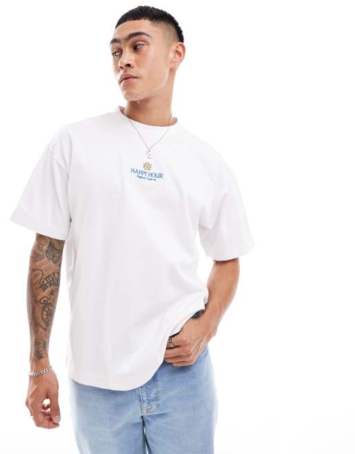 Cotton On – T-shirt o pudełkowym fasonie i luźnym kroju z grafiką ze słońcem i napisem „Happy Hour” 