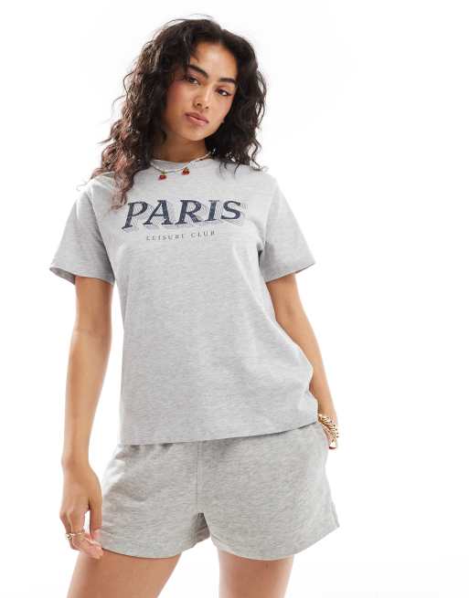 Cotton On – T-shirt oversize w szarym melanżowym kolorze z napisem Paris