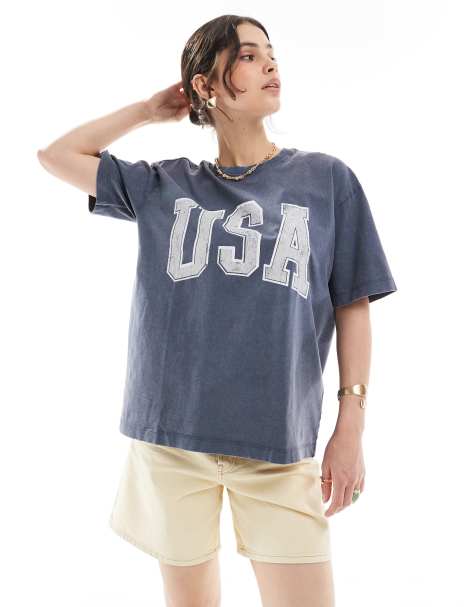 Cotton On – T-shirt oversize z dekoltem w szpic i napisem USA - view 1