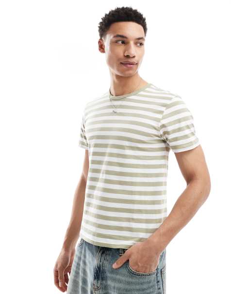 Cotton On - T-shirt verde a righe con bordi a contrasto - view 1