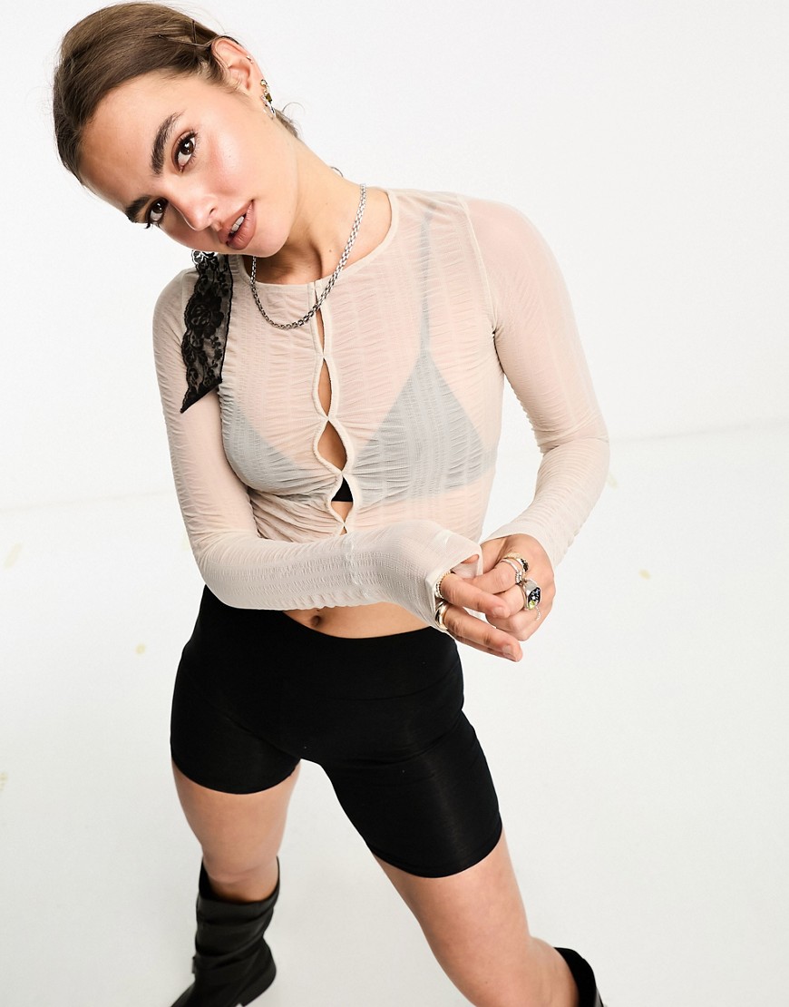 Cotton On texture button front crop top in stone-Neutral