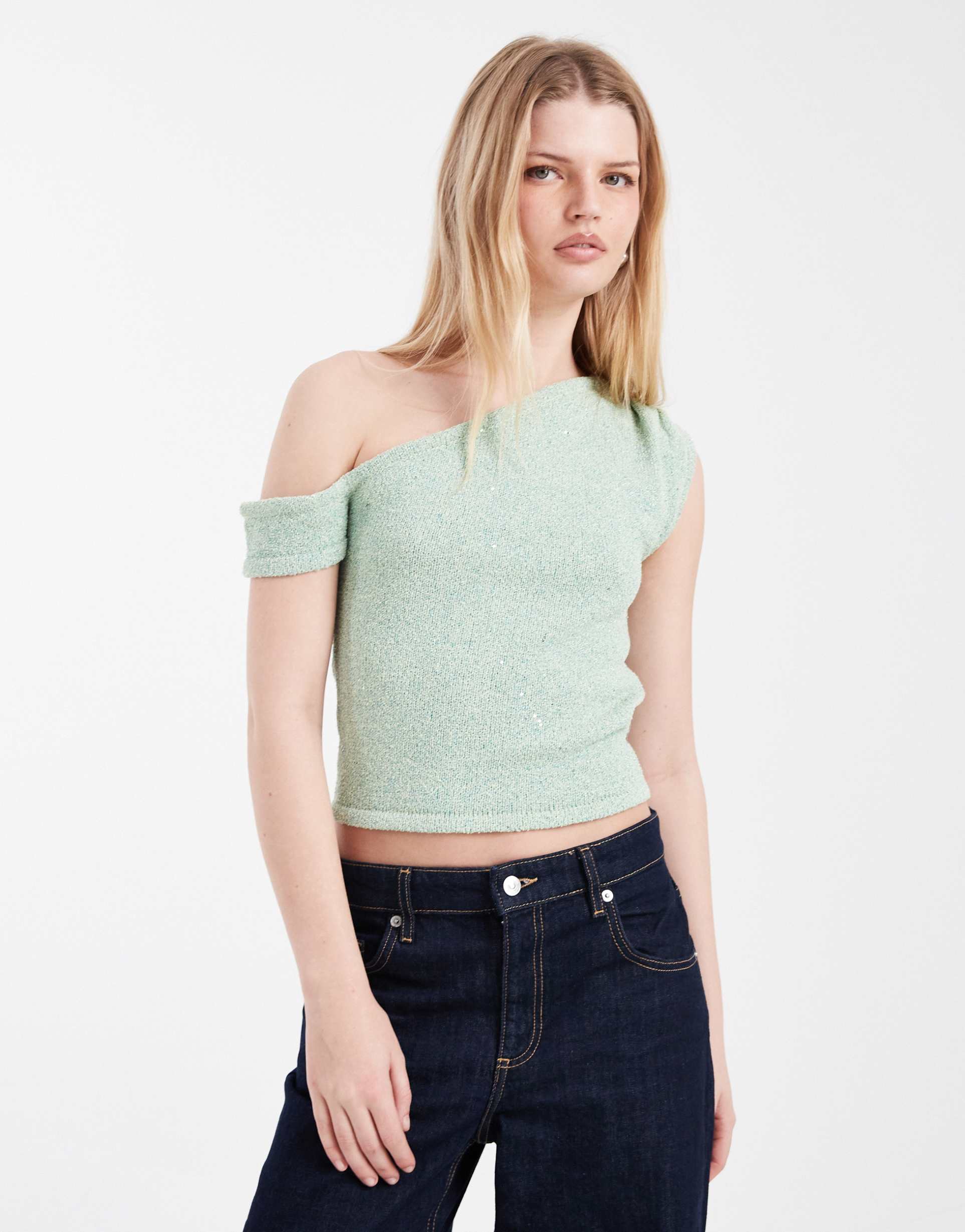 cotton on textured asymmetric neck knit top in matcha