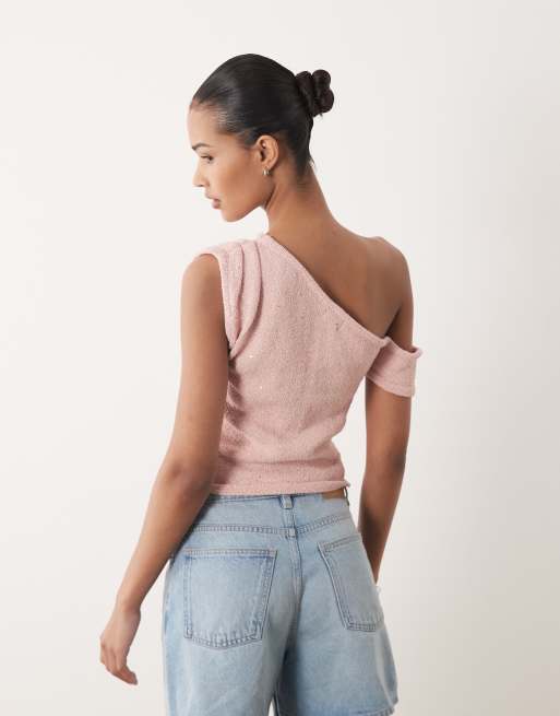 Cotton On textured asymmetric neck knit top in pale pink sparkle, 4 of 4