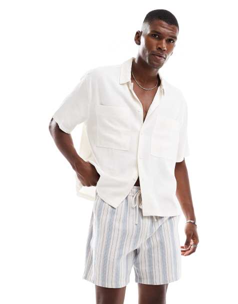 Cotton On textured shorts with elastic waist in blue stripes - view 1