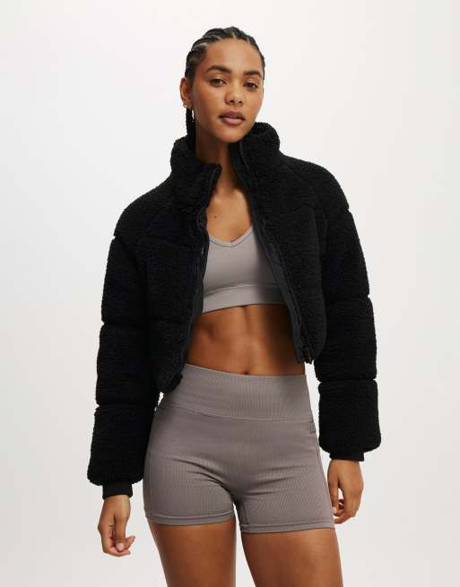 Cotton On The Mother puffer cropped sherpa jacket in black