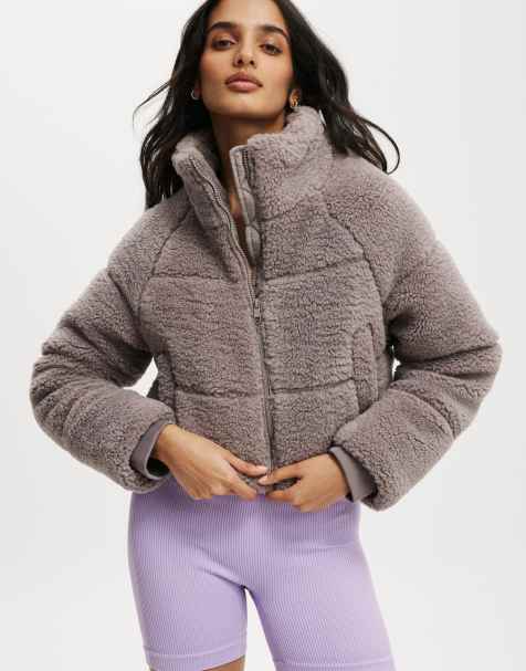 Cotton On The mother puffer cropped sherpa jacket in grey - view 1