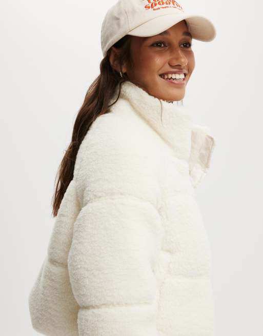 Cotton On The mother puffer cropped sherpa jacket in white | ASOS