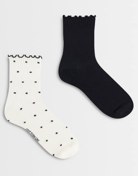 Cotton On - The Perfect Pair - Sorte og hvide ribbede ankelsokker med flæser i pakke med 2 par - view 1