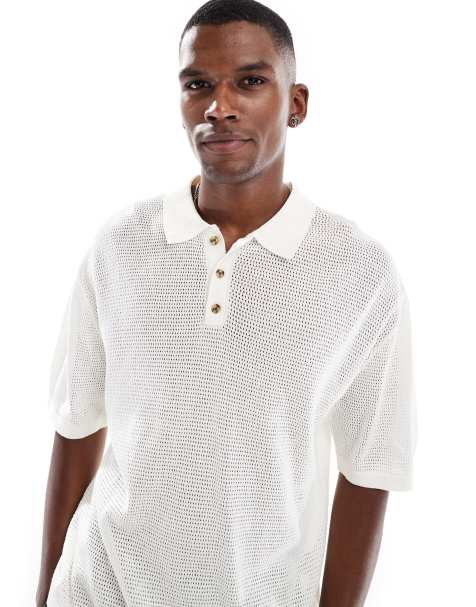 Cotton On thin knit polo top in off white - view 1
