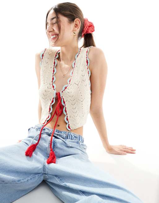 Cotton On tie front knitted singlet in contrast crochet 