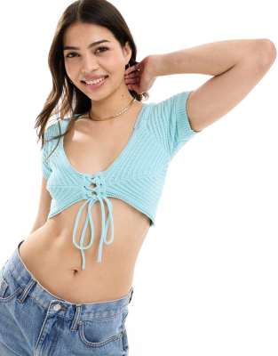 Cotton:on Cotton On Tie Front Micro Crop Top In Blue Crochet