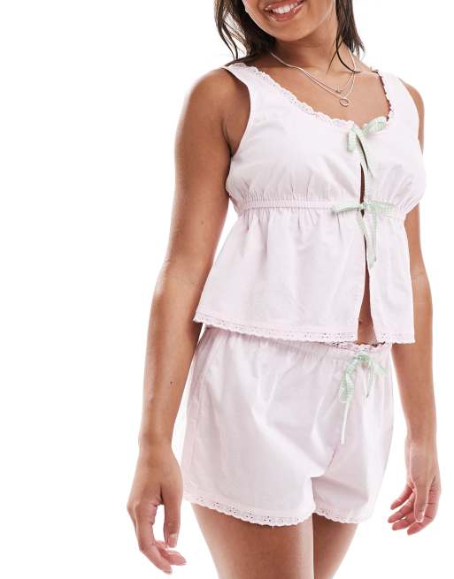 Cotton On tie front pyjama tank & short set in pink with lace trim 