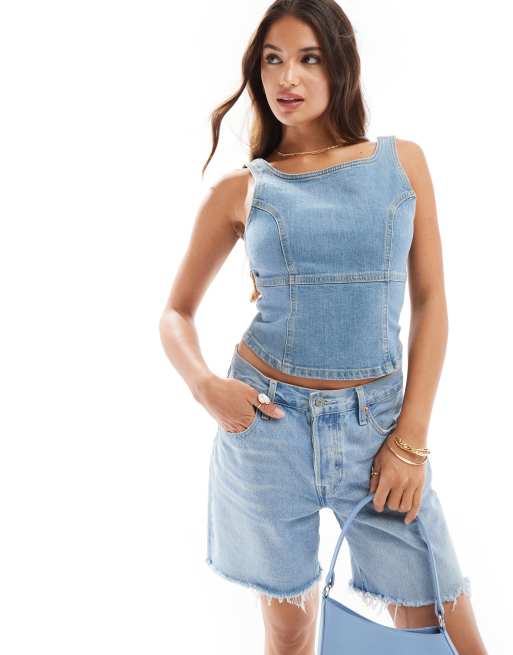 Cotton On - Top a corsetto in denim blu gioiello con scollo quadrato e cucitura