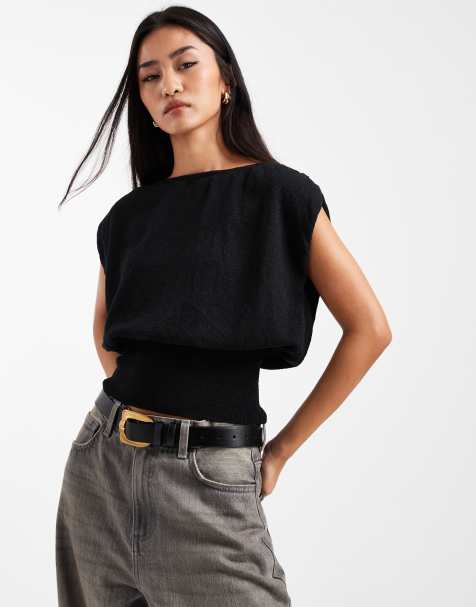 Cotton On - Top a maniche corte ad ali di pipistrello nero in maglia testurizzata - view 1