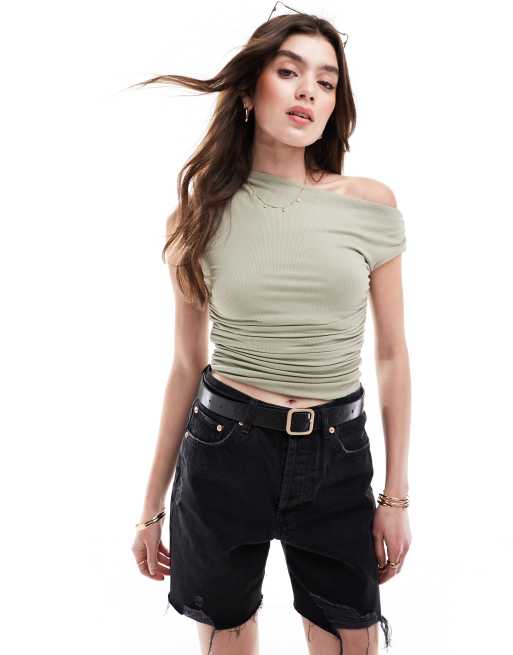 Cotton On - Top a maniche corte color salvia a coste arricciato