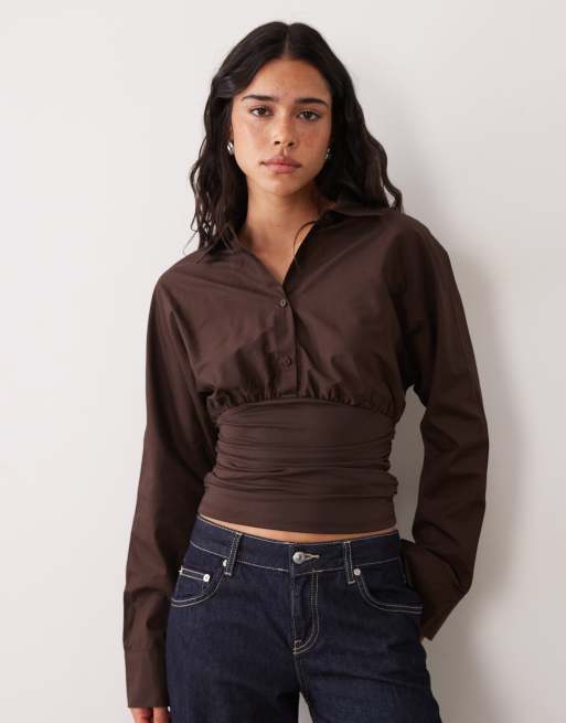 Cotton On - top camisa de manga larga con cintura entallada en dark oak, 4 de 4