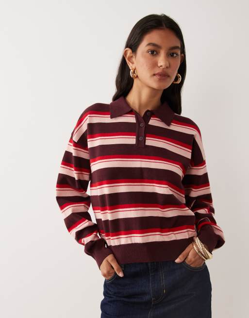 Cotton On - top de punto tipo polo de manga larga y corte boxy a rayas llamativas, 3 de 4
