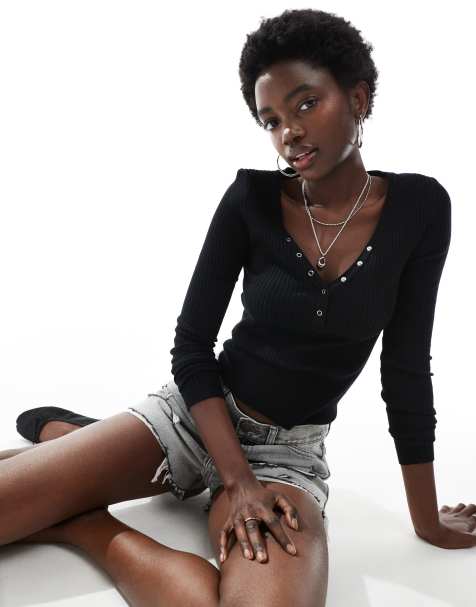 Cotton On - Top en maille côtelée avec manches longues et col boutonné - Noir - view 1