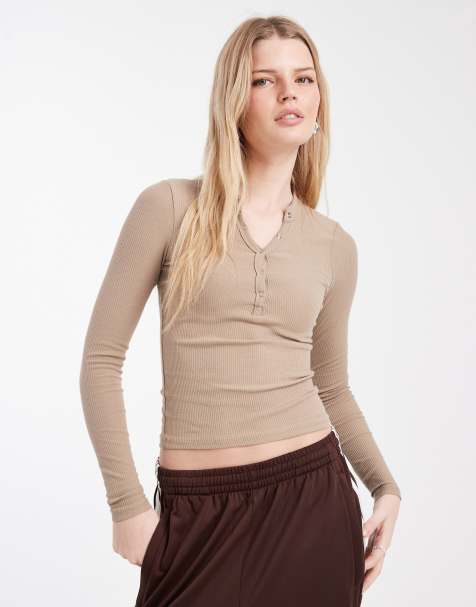 Cotton On – Top henley z długimi rękawami w kolorze prażonego migdału - view 1