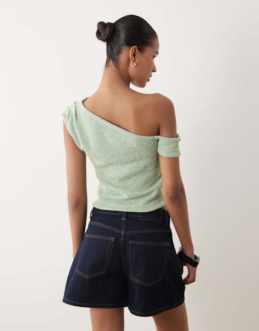 Cotton On - Top in maglia color matcha testurizzato con scollo asimmetrico, 4 di 4