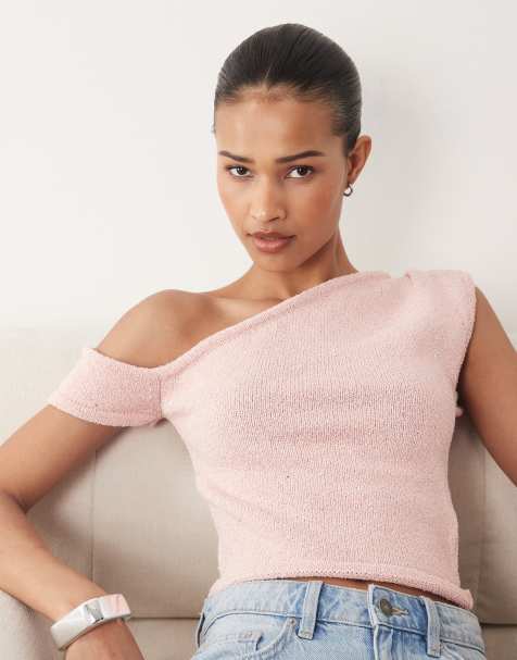 Cotton On - Top in maglia rosa pallido scintillante con scollo asimmetrico testurizzato - view 1