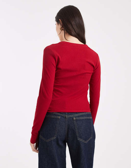 Cotton On - Top manches longues à col boutonné - Rouge bijou, 4 de 4