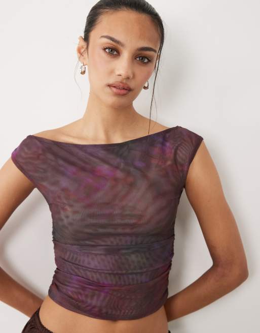 Cotton On - Top raccolto in rete color mora cipria con spalle scoperte