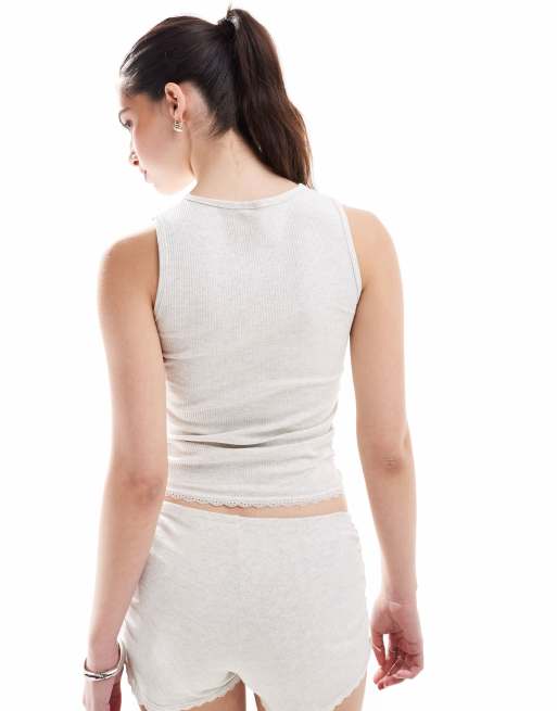 Cotton On - Top senza maniche da notte grigio chiaro mélange a coste con arricciatura, 2 di 4