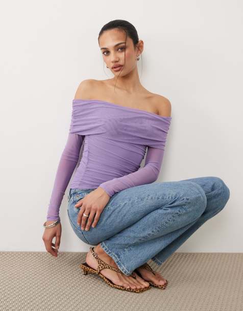 Cotton On - Top violeta intenso de manga larga con escote Bardot de malla Ashley - view 1